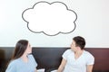 Ooking up at thinking speech bubble, comic cloud or empty copysp