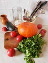 ÃÂ¡ooking. Vegetable composition in the kitchen. Pumpkin and zucchini. Royalty Free Stock Photo