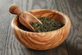 Oolong green tea in wood bowl