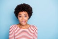 Oops. Closeup photo of pretty dark skin lady biting lips speechless made great mistake feel guilty wear striped shirt