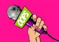 Woman pop art hand hold microphone oops Royalty Free Stock Photo