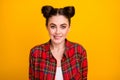 Oops. Photo of pretty funny lady two cute buns look guilty but not sorry smiling biting lips did mistake wear casual