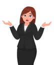 Oops! Sorry! I do not know. Businesswoman shrugging shoulders spreading hands in do not know gesture.