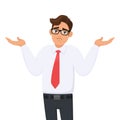 Oops. Sorry. I don`t know. Portrait of confused young businessman shrugging shoulders, shows helpless question gesture. Royalty Free Stock Photo