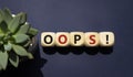 Oops symbol. Concept word Oops on wooden cubes. Beautiful deep blue background with succulent plant. Business and Oops concept.