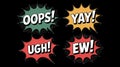 Oops, yay, ugh, ew comic style interjections expressing different emotions on transparent background Royalty Free Stock Photo