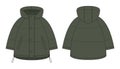 Ooversized raglan puffer winter down coat technical sketch. Khaki green color. Women`s quilting jacket design template. Children