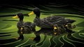 Op Art: Detailed Feather Rendering Of Black And Yellow Ducks In A Pond