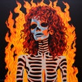 Op Art Skeleton In Fire: Sza-inspired Pop Art With Meticulous Detail