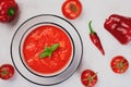 Op view of bowl of gazpacho and fresh tomatoes with sweet peppers on light background Royalty Free Stock Photo