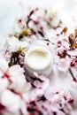 op view of cosmetic cream with pink cherry flowers in a blue glass jar. Hygienic skincare lotion product.Idioma de palabras