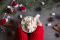 Hot chocolate cup and marshmallows in female hand wearing red sweater, against grey background & Christmas theme Royalty Free Stock Photo