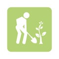 Opaque green background with man with shovel and tree