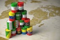 OPEC concept. Oil barrels in color of flags of countries memebers of OPEC on world political map background