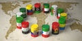 OPEC concept. Oil barrels in color of flags of countries memebers of OPEC on world political map background Royalty Free Stock Photo