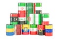 OPEC concept, oil barrels with flags. 3D rendering