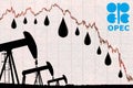 OPEC logo, oil drops and silhouette industrial oil pump jack with devaluation graph Royalty Free Stock Photo