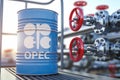 Opec symbol on the oil barrel and oil pipe line valve in front of the barrels