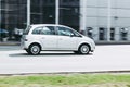 Opel Meriva A on the city road. Fast moving car on Moscow streets. Vehicle driving along the street in city with blurred