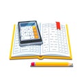 Open accounting book with calculator and pencil Royalty Free Stock Photo