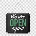 We are open again sign. grand reopening corona quarantine. business welcome back