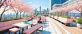 Open air cafe with cityscape view. Cherry blossoms. National holiday of Japan - Hanami. View from the terrace of a city