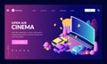 Open-air car cinema entertainment concept. Vector 3d isometric illustration. Automobiles parked in front of movie screen Royalty Free Stock Photo