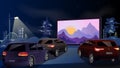 Open air cinema for street car. Cars watch a movie in an open parking lot at night. On the screen the sunrise from Royalty Free Stock Photo