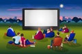 Open-air cinema vector illustration. People watching movie in night city park. Film festival and presentation concept