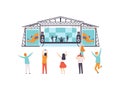 Open Air Festival, Music Band Performing on Stage, People Dancing, Cheering, Partying Vector Illustration