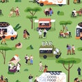 Open-air festival in park with street food trucks. Tiny people on summer holiday fest, weekend. Outdoor event with happy