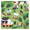 Open-air food festival, public picnic in park, square card. Outdoor summer fest in nature. Happy tiny people, holiday