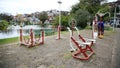 Open-air gym equipment are seen on the dique de Itororo