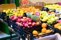 Open air market in Italy, different fruit. Madeira's fruits, pineapple lemon orange Royalty Free Stock Photo