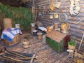 Open-air museum of ancient wooden architecture, log hut interior. Vitoslavlitsy, Great Novgorod