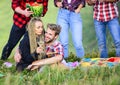 Open air party. Group friends summer picnic. Friends enjoy vacation. People eating food drink alcohol. Youth having fun Royalty Free Stock Photo