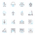 Open-air pastimes linear icons set. Picnicking, Hiking, Cycling, Camping, Fishing, Boating, Swimming line vector and