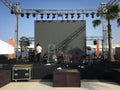 Open air show stage set up with led screen, sound and light system. Back line with drums Royalty Free Stock Photo
