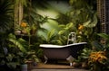 Open air stone bathtub. Beautiful view of outside bathroom on veranda with beautiful tropical garden view in luxury Royalty Free Stock Photo