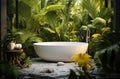 Open air stone bathtub. Beautiful view of outside bathroom on veranda with beautiful tropical garden view in luxury Royalty Free Stock Photo