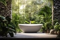 Open air stone bathtub. Beautiful view of outside bathroom on veranda with beautiful tropical garden view in luxury Royalty Free Stock Photo