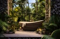 Open air stone bathtub. Beautiful view of outside bathroom on veranda with beautiful tropical garden view in luxury Royalty Free Stock Photo