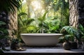 Open air stone bathtub. Beautiful view of outside bathroom on veranda with beautiful tropical garden view in luxury Royalty Free Stock Photo