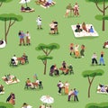 Open-air street festival, seamless pattern. Endless background, print with tiny people relaxing at outdoor fest in park