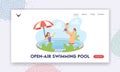 Open Air Swimming Pool Landing Page Template. Happy Family Holidays. Parents and Little Child Characters Playing Royalty Free Stock Photo