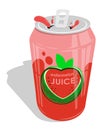 Open aluminum can with carbonated watermelon juice. Refreshing cold drink for bright summer. Cartoon vector isolated on white