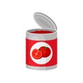 Open aluminum can of delicious tomato soup or paste. Colorful vector illustration in flat style isolated on white. Royalty Free Stock Photo