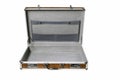 Open aluminum case for storing documents. Personal accessories for transporting office supplies