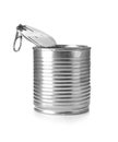 Open aluminum food can on white background Royalty Free Stock Photo