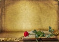 Open ancient book with beautiful rose Royalty Free Stock Photo